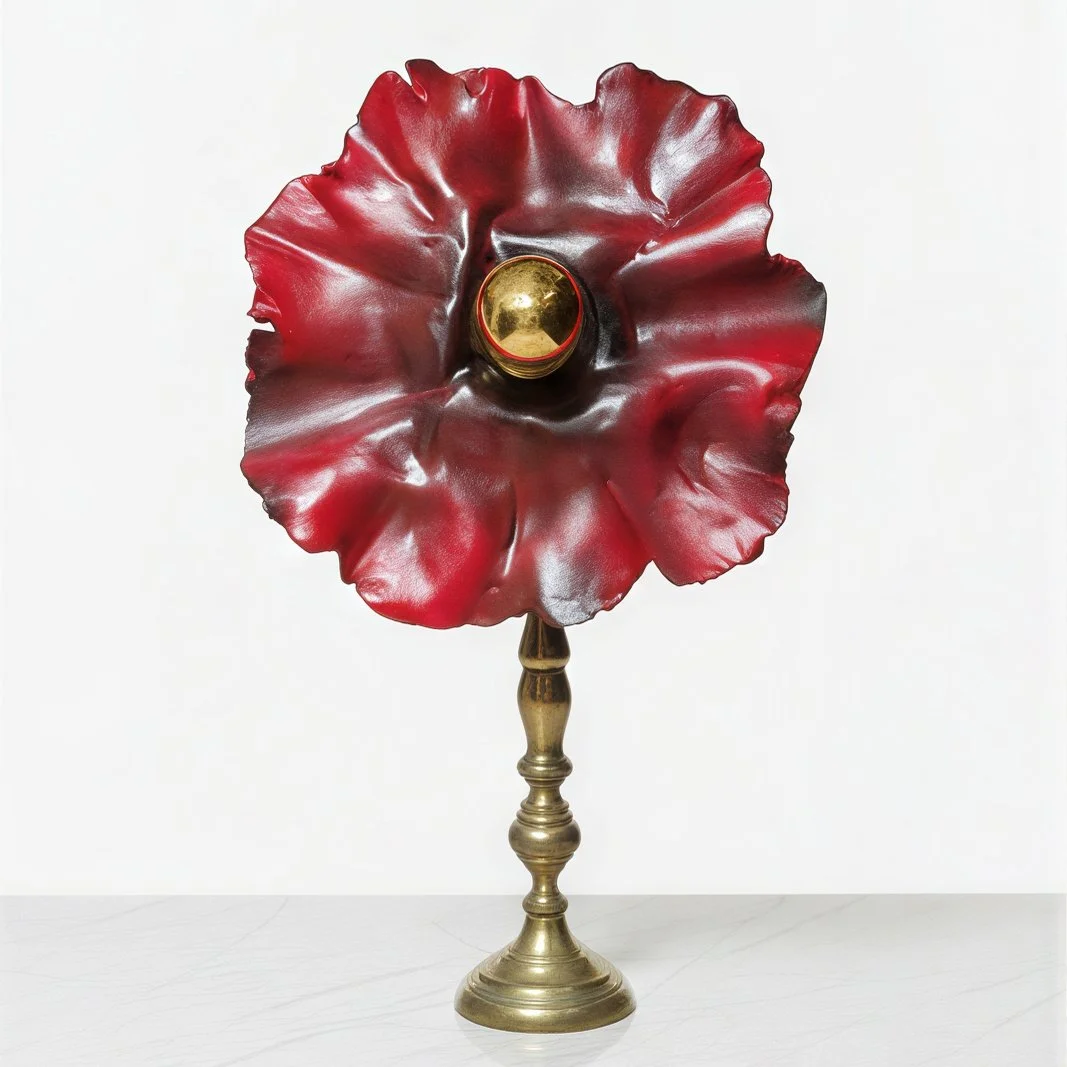 Une lampe de table avec un support en laiton vintage restauré et un abat-jour en forme de fleur rouge, placé sur une surface en marbre blanc.