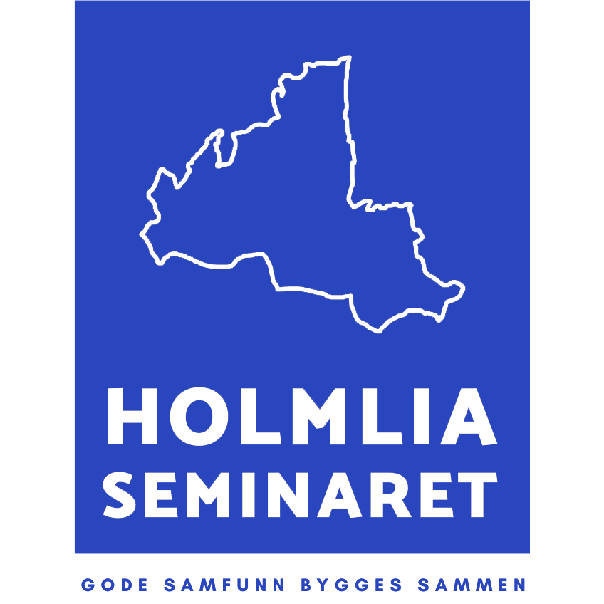 En blå bakgrunn med kontur av en øy eller region i hvitt, med teksten "HOLMLIA SEMINARET" i hvitt og "GODE SAMFUNN BYGGES SAMMEN" i blått under.