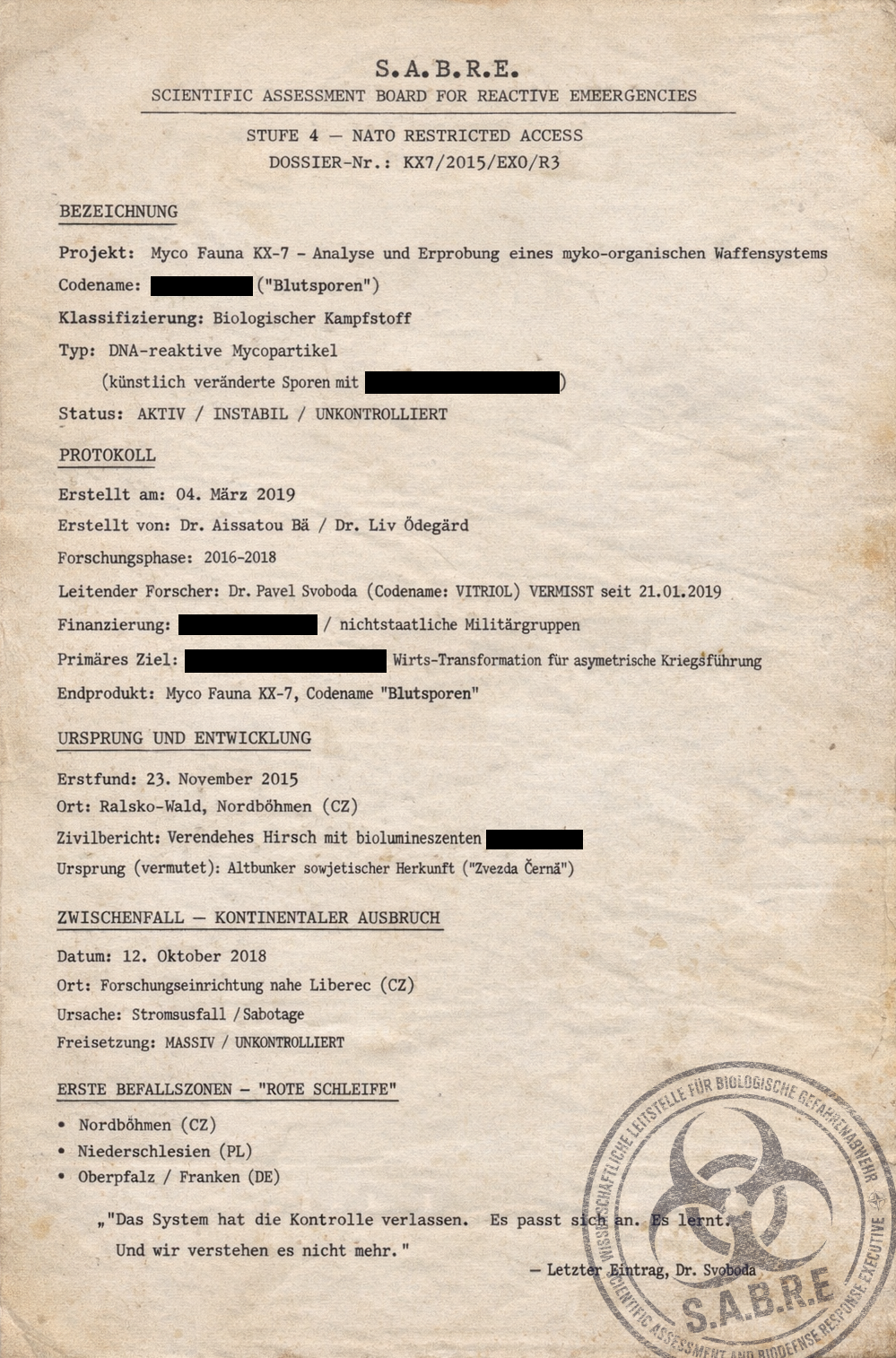 Amtliches Dokument der S.A.B.R.E. mit Biohazard-Symbol und Stempel, enthält wissenschaftliche und militärische Informationen zum Myko-Fauna-Projekt.