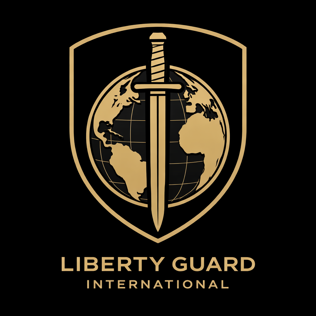 Ein Emblem mit einem Globus, durch den ein Schwert verläuft, und dem Text "Liberty Guard International" darunter.