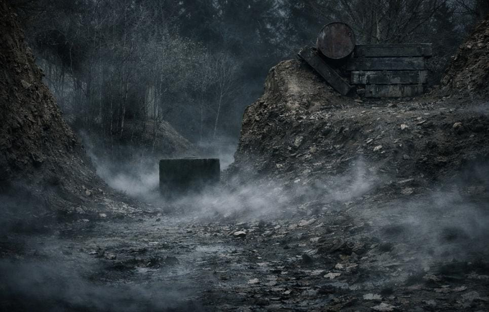 Schmutzige, rauchende Bergwerkschacht mit alten, verrosteten Rohren und Dampf, umgeben von dunklem, trostlosem Gelände.