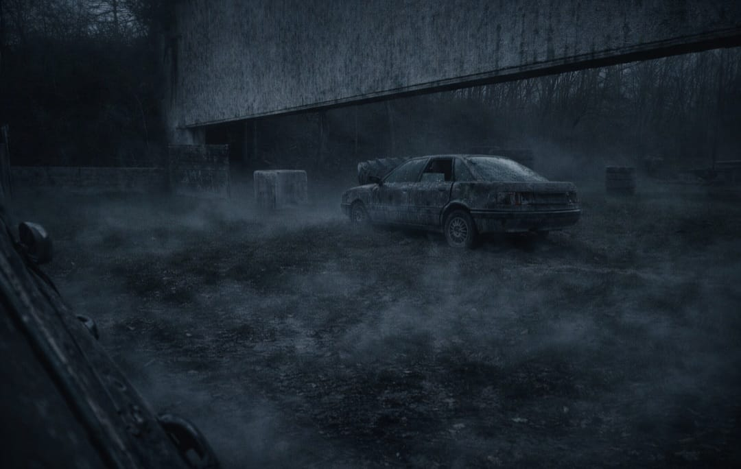 Verlassener, schmutziger Autowagen unter einer Brücke bei nebligem Wetter in einer dunklen Umgebung.