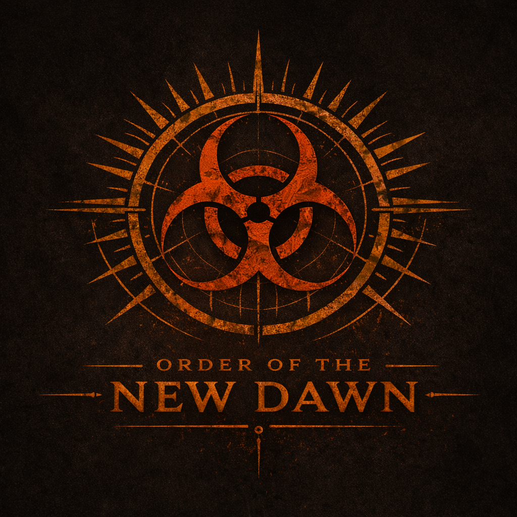 Das Bild zeigt ein Logo mit einer orangefarbenen Biohazard-Symbol in der Mitte, umgeben von einem Kreis und einem strahlenförmigen Muster. Darunter steht der Text "Order of the New Dawn".