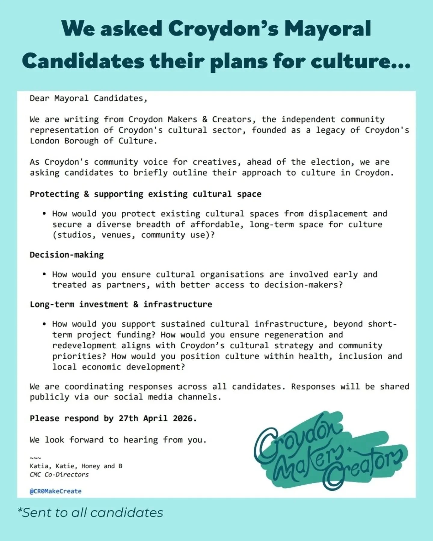 We asked Croydon's Mayoral candidates to share their thoughts on culture in Croydon moving forward. Here's what they had to say:

To read their full responses, see the link in our bio!

Let us know your thoughts in the comments below!

#croydonmakers
