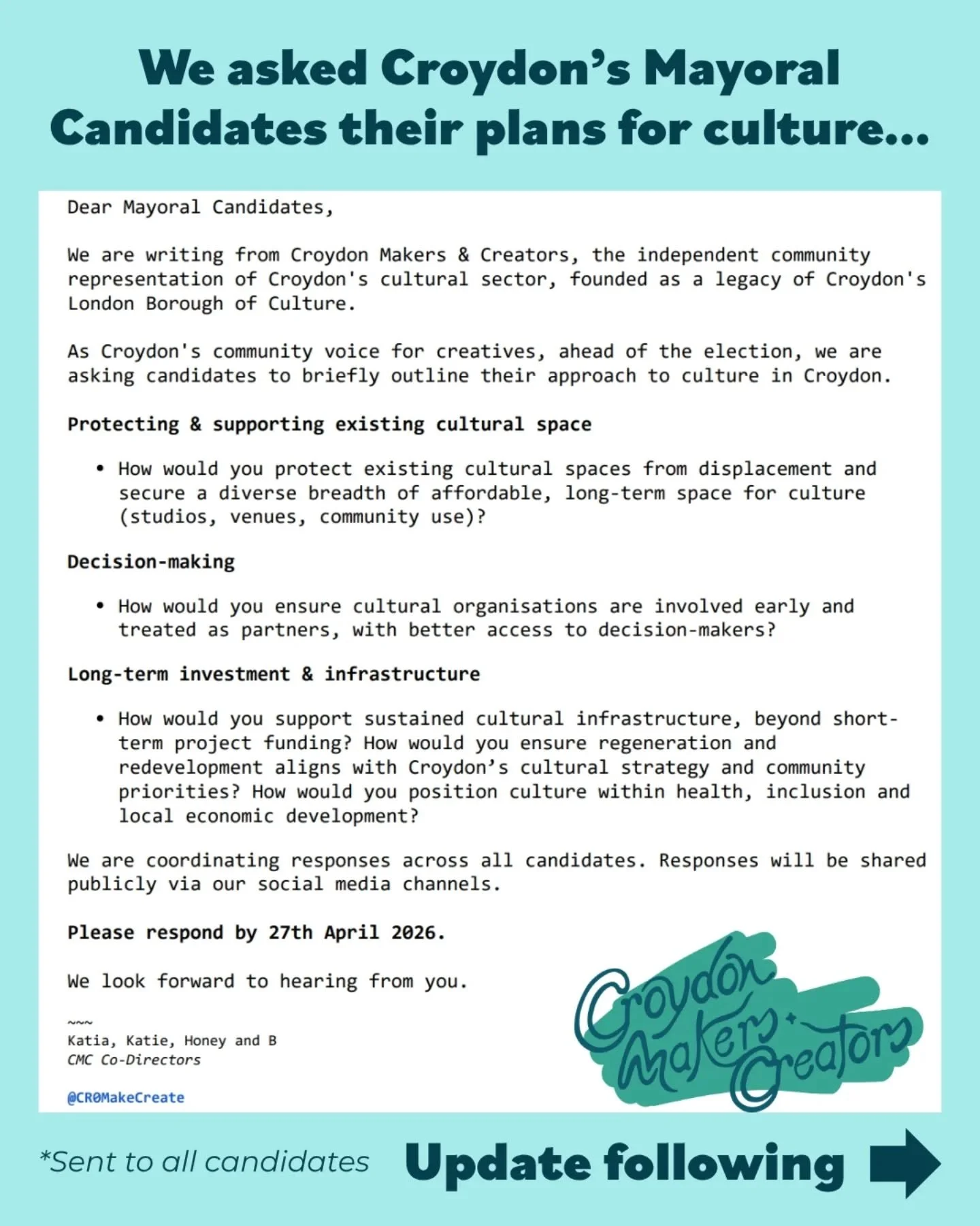 UPDATE: Yesterday we received an additional response to our questions to Croydon's Mayoral Candidates about their plans for culture moving forward.

To read all responses in full, see the link in our bio

#croydoncreatives #croydonmakerscreators #cul