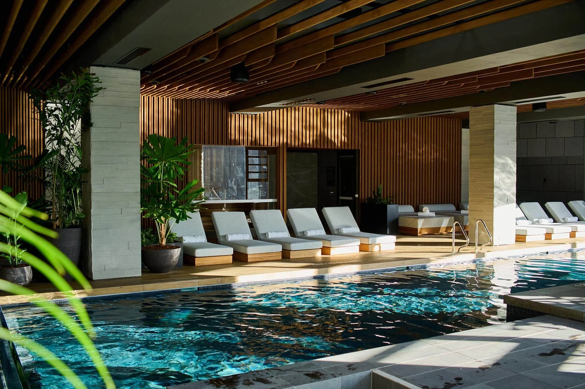 Indoor swimming pool area with white lounge chairs and green plants, wooden wall decor, and sunlight reflections on water