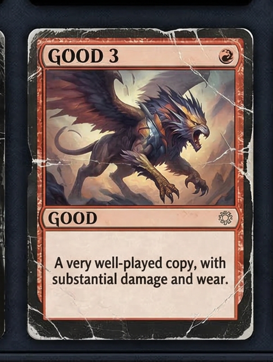 A vintage Magic: The Gathering card titled 'Good 3' featuring a lion-headed creature with wings, armor, and an aggressive stance, with visible cracks on the card indicating wear.
