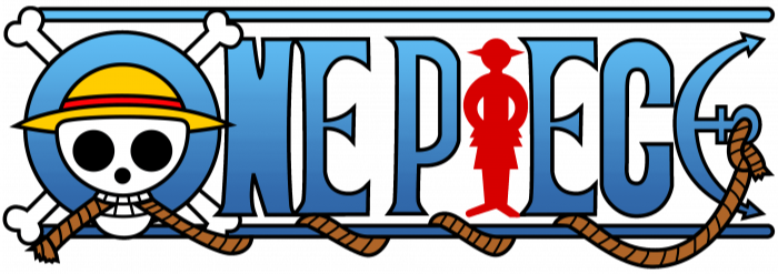 Logo of the anime and manga series One Piece, featuring a skull with a straw hat and crossed bones, along with the word 'ONE PIECE' and a silhouette of a character in red.
