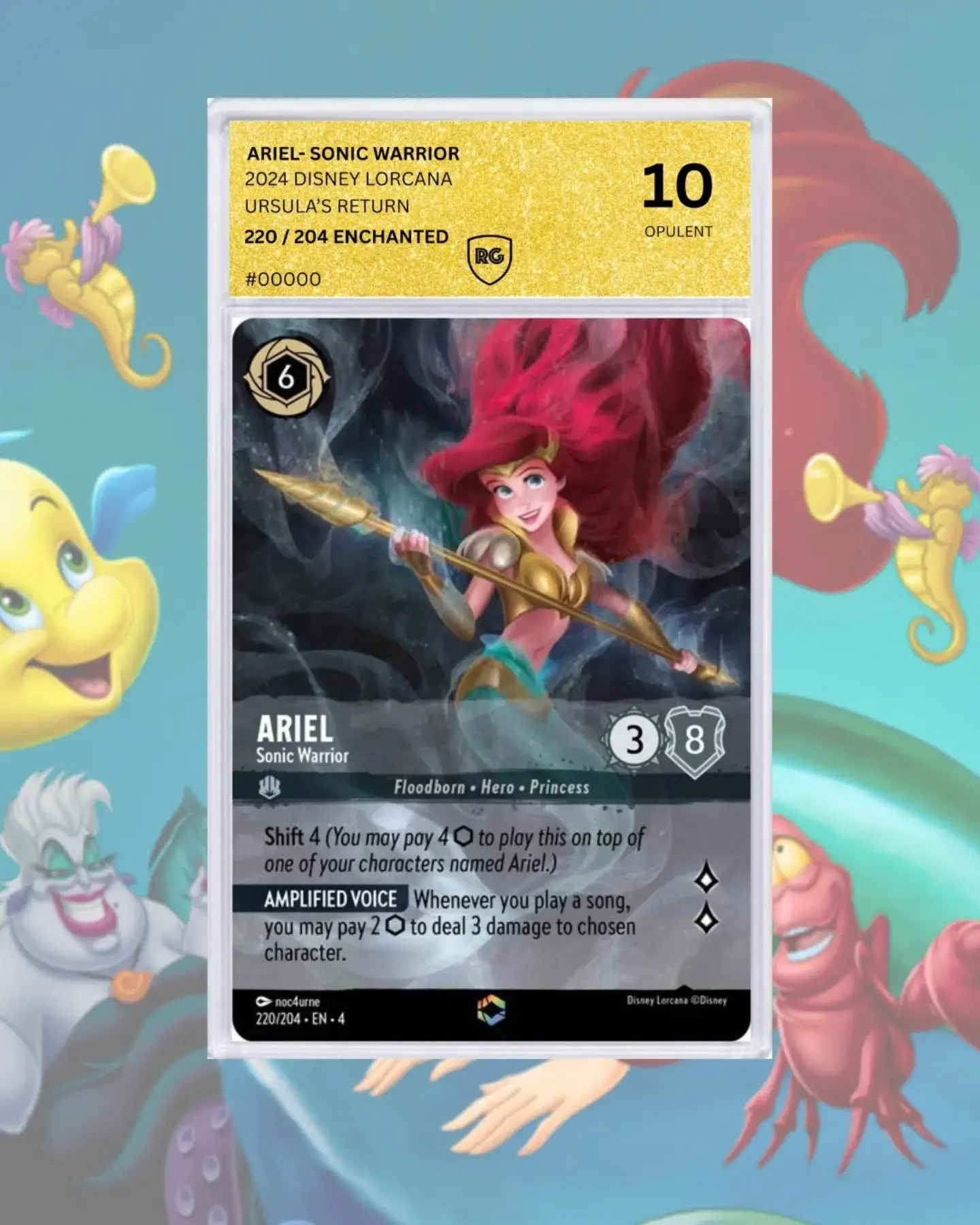Opulent 10 is here. 
Ariel The Sonic Warrior.
Independent, headstrong, curious, and passionate.
DM for more details on Richgrading and our NEW grade 10 Opulent Gold.
.
.
.
#ariel #disneylorcana #lorcana #richgrading #opulent