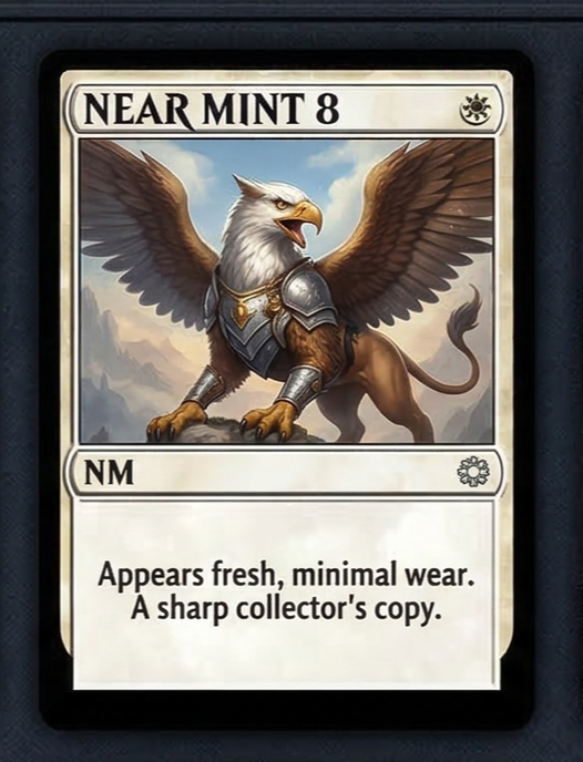 A collectible card titled 'NEAR MINT 8' featuring a griffin with the body of a lion and the head and wings of an eagle, dressed in armor, against a cloudy sky background.