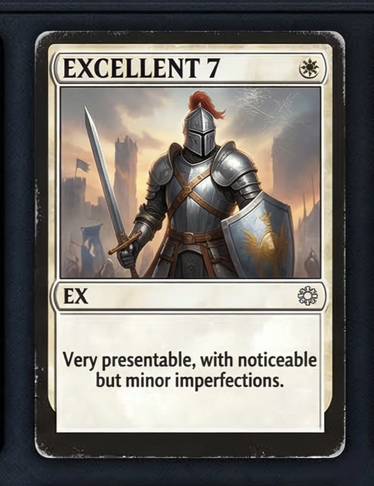 A trading card titled 'EXCELLENT 7' showing a knight in armor with a sword and shield, standing in a battlefield scene at sunset.