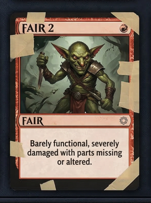 A fantasy game card featuring a goblin with green skin, pointed ears, sharp teeth, and red eyes, holding a dagger and a spear, with a dark forest background. The card is labeled "FAIR 2" at the top and "FAIR" at the bottom, with the description "Barely functional, severely damaged with parts missing or altered." The card edges are taped.