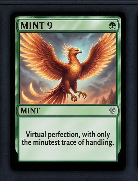 A Magic: The Gathering card titled 'MINT 9' featuring a golden phoenix with wings spread, flying against a cloudy sky and mountain landscape.