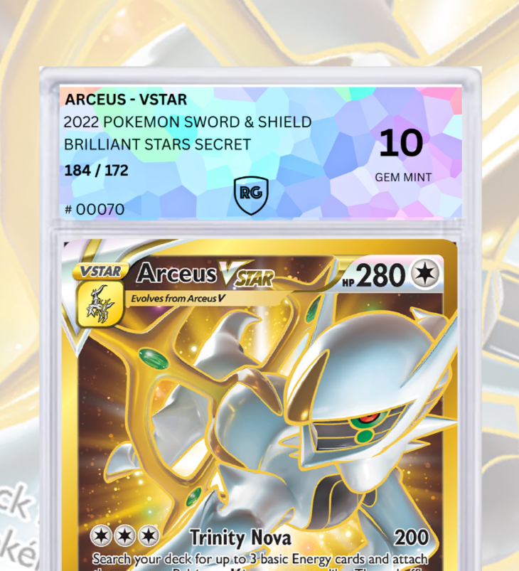 Pokemon card featuring Arceus VSTAR with 280 HP, evolving from Arceus V, showcasing its Trinity Nova attack and Brilliant Stars secret rarity. The card is graded GEM MINT 10 by PSA and is part of the 2022 Pokemon Sword & Shield set.