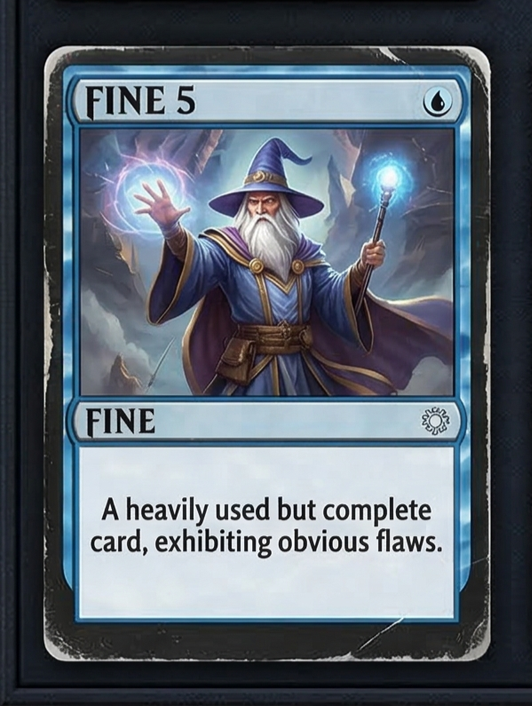 Magic: The Gathering card titled 'Fine 5', depicting a wizard casting a spell with a staff, wearing a blue robe and hat, in a stormy landscape.
