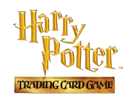 Logo for Harry Potter Trading Card Game with the Harry Potter title in gold letters and a lightning bolt, on a black background.