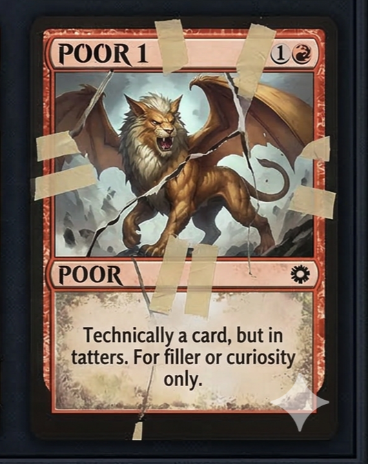 A torn card titled "Poor 1" with an illustration of a lion with bat wings and a tail, taped to a surface.