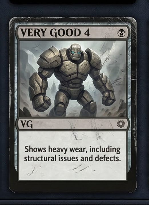 A playing card titled "VERY GOOD 4" with an illustration of a heavy, armored robot with glowing blue eyes, surrounded by rocks and dust.