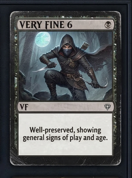 A fantasy-style card featuring a ninja in a dark forest at night with the moon in the background. The card is titled "Very Fine 6" and has a description reading "Well-preserved, showing general signs of play and age."