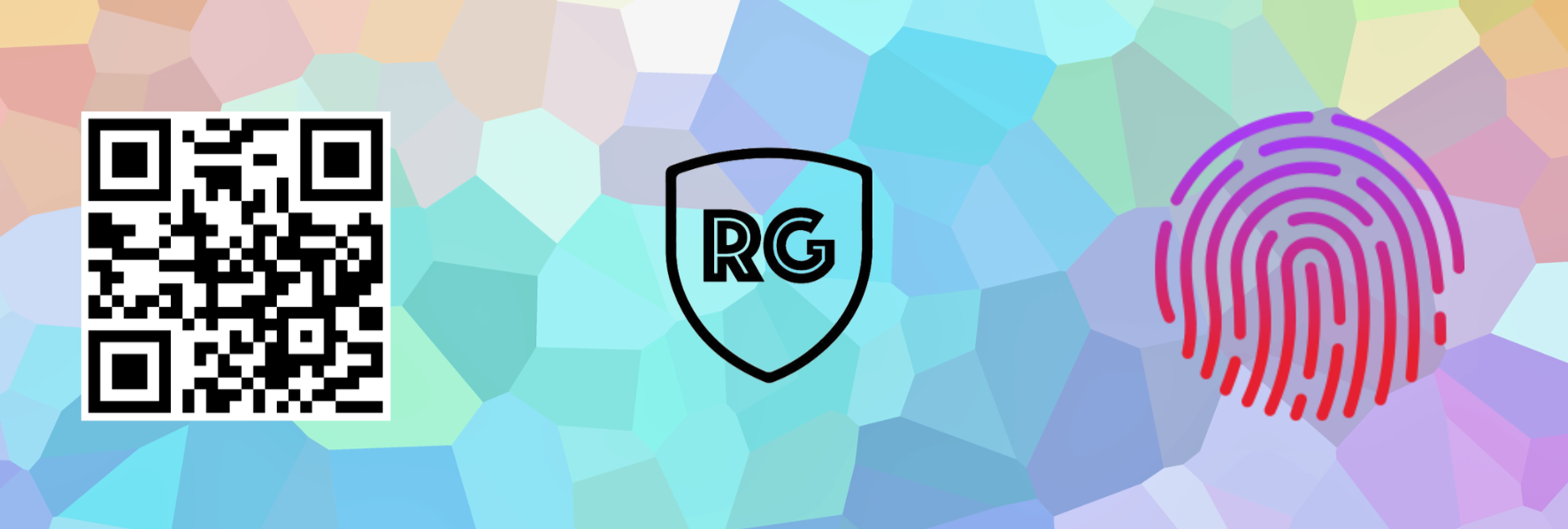 A colorful mosaic background with a QR code on the left, a shield with the letters 'RG' in the center, and a purple fingerprint icon on the right.