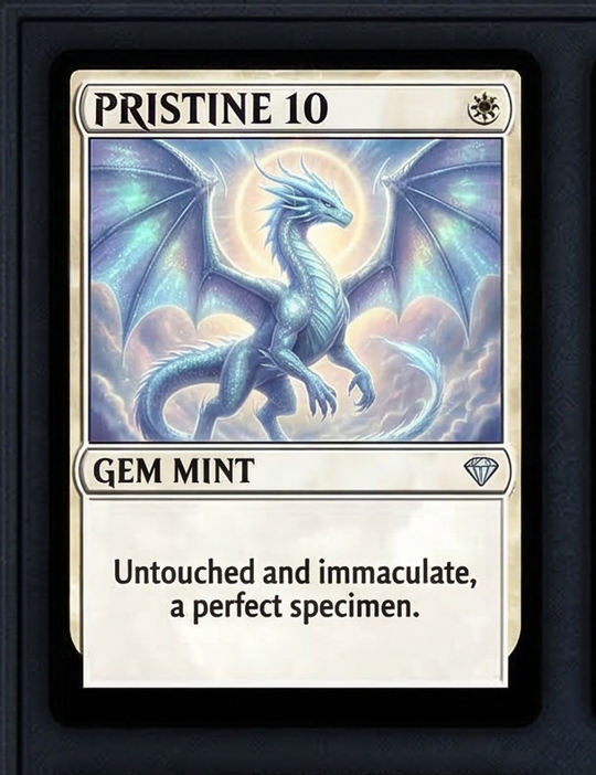 A fantasy trading card featuring a blue dragon with luminous wings and a glowing halo, titled 'PRISTINE 10', labeled 'GEM MINT', with the description 'Untouched and immaculate, a perfect specimen.'