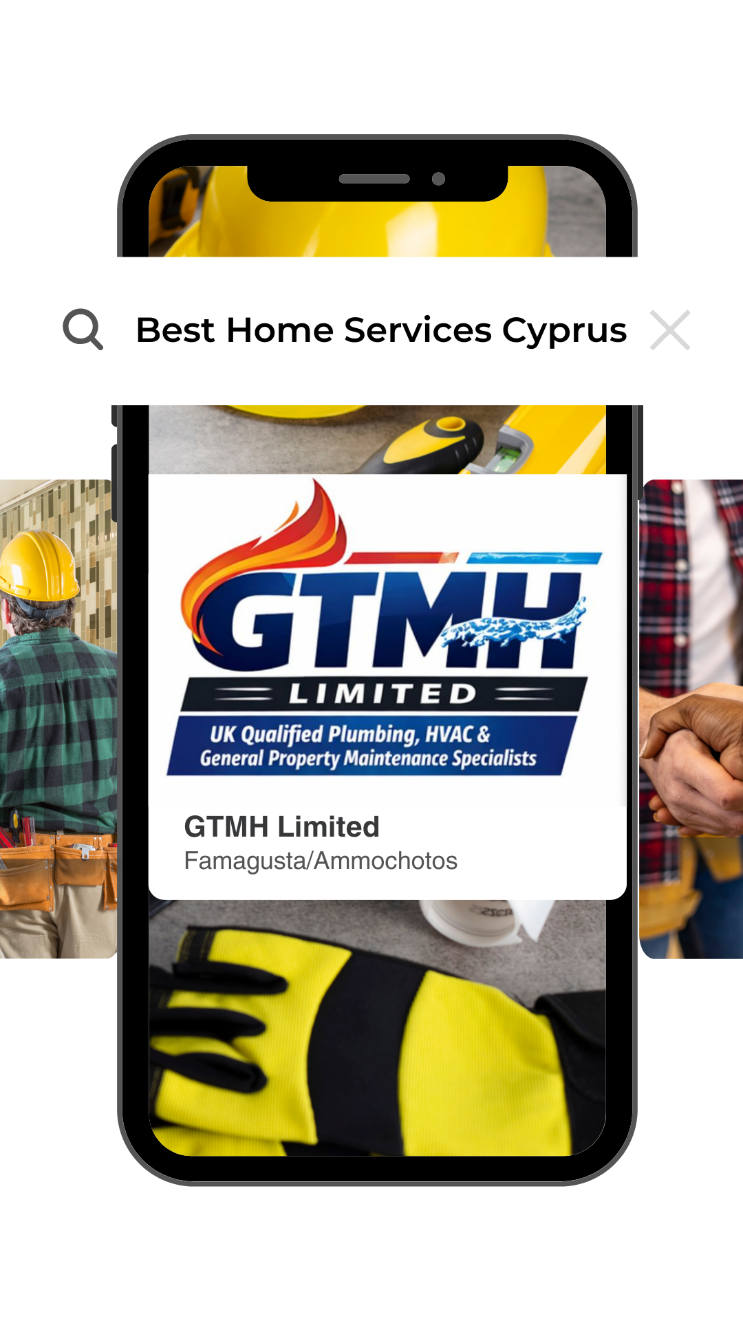 Search result for 'Best Home Services Cyprus' showing GTMH Limited logo, a plumbing and maintenance company.