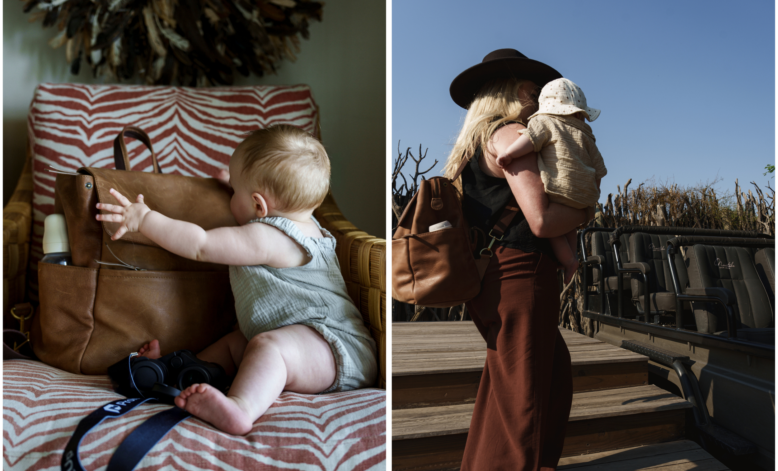 baby reaching into a leather nappy bag at a safari lodge, and a mother carrying the same bag to a game drive vehicle