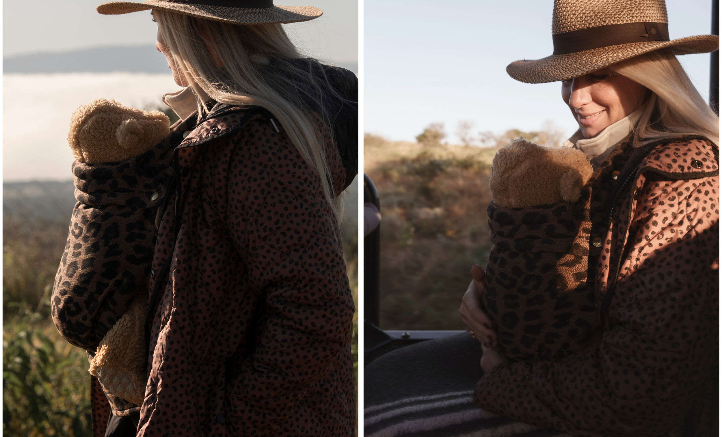 mother carrying a baby in an on-body carrier on an early morning game drive