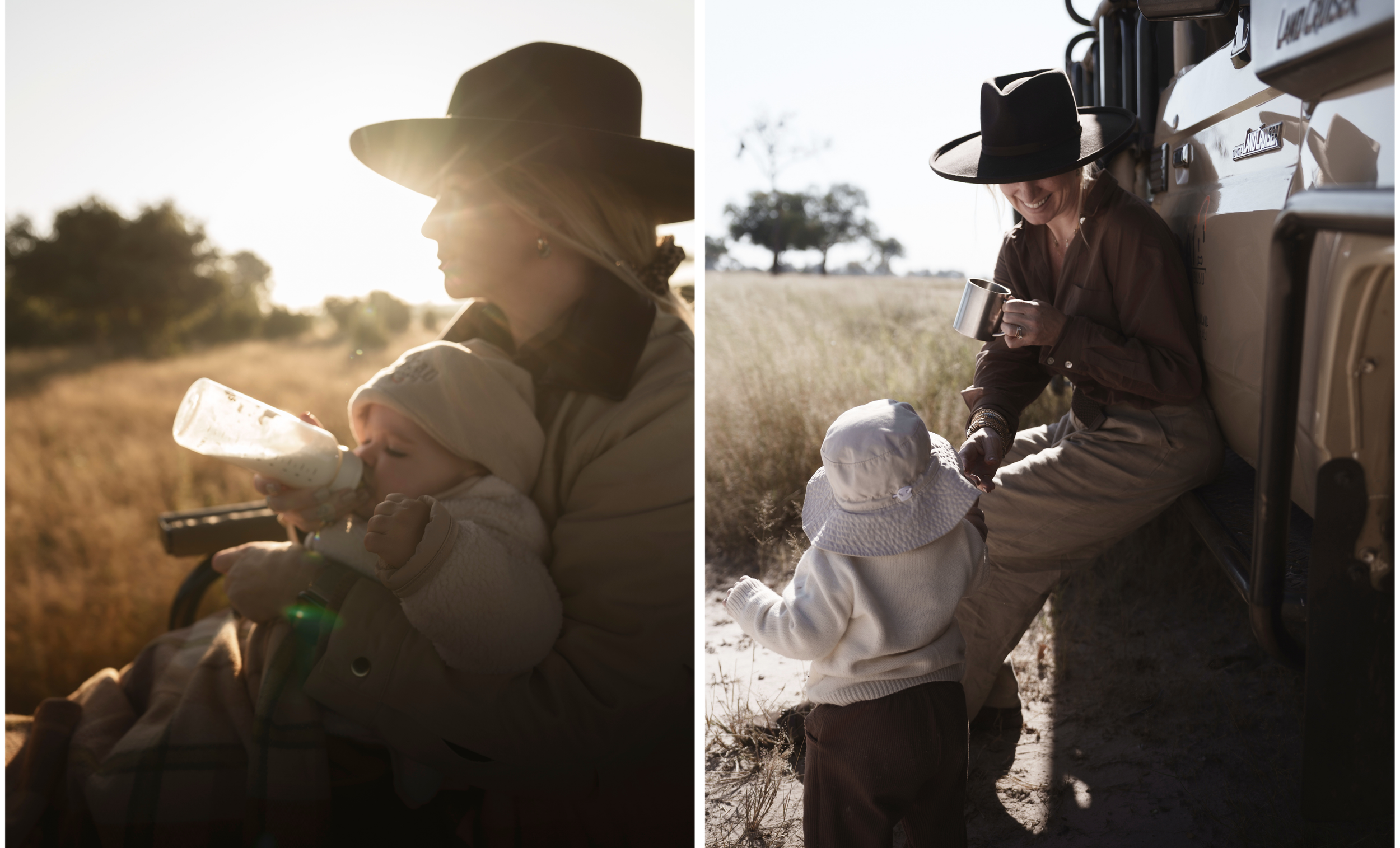 mother bottle feeding a baby on a game drive vehicle at sunrise, and a toddler in a sun hat beside the vehicle on a bush walk stop