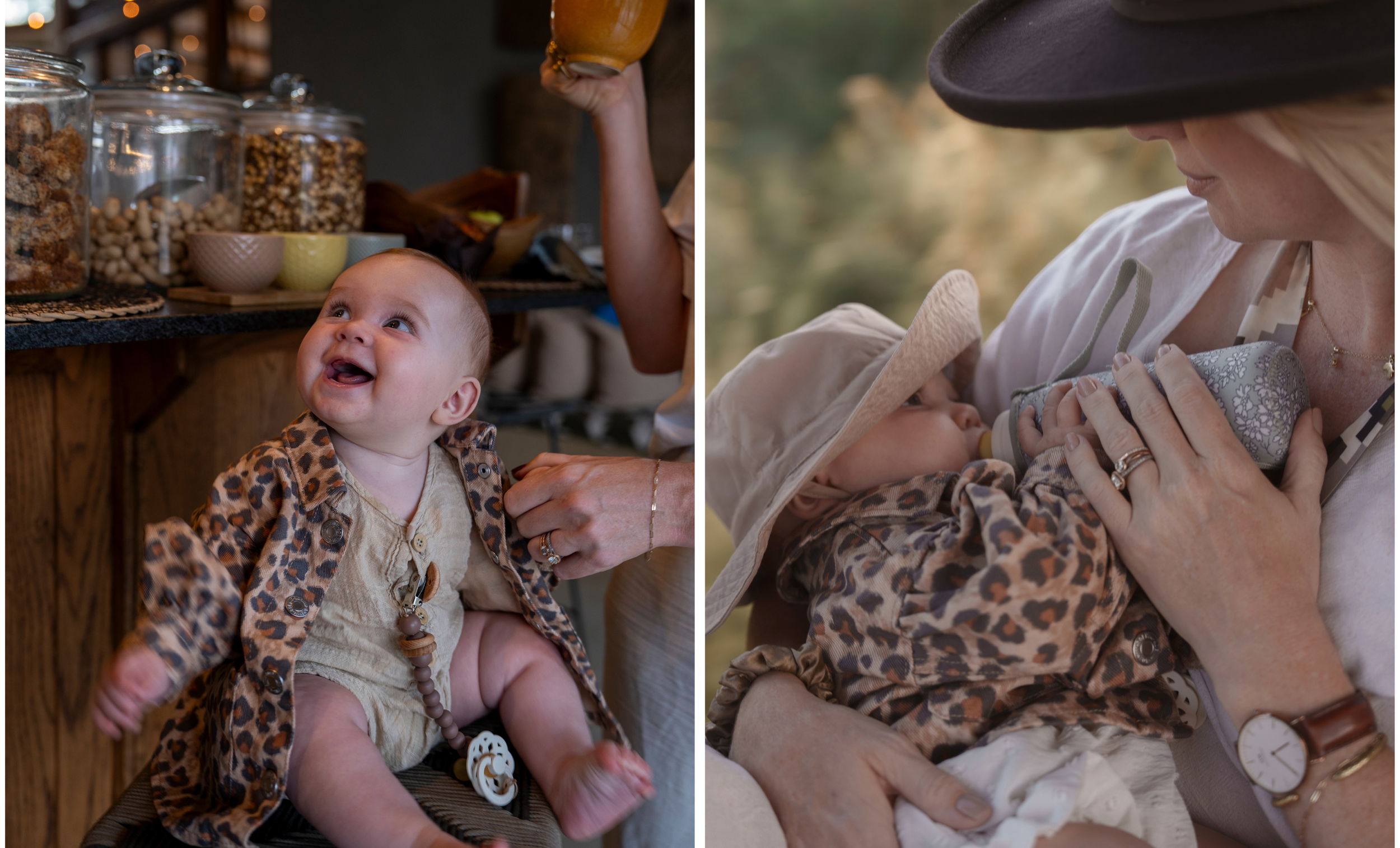 baby in a leopard print jacket with a pacifier clip at a safari lodge, and being bottle fed under a muslin for shade