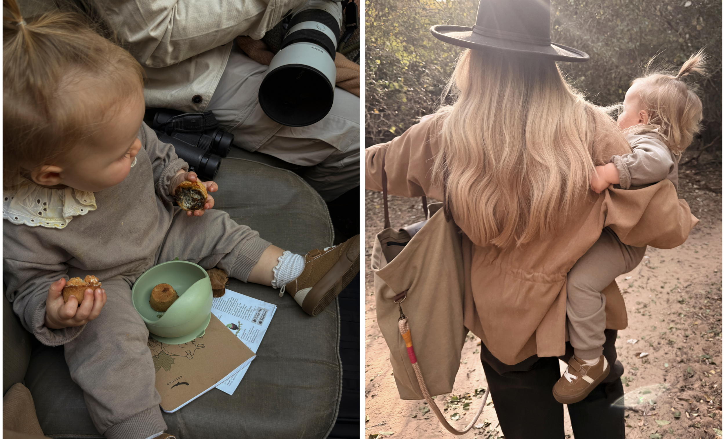 toddler eating snacks on a game drive seat beside binoculars and a camera, and being carried on her mother's hip with a canvas tote