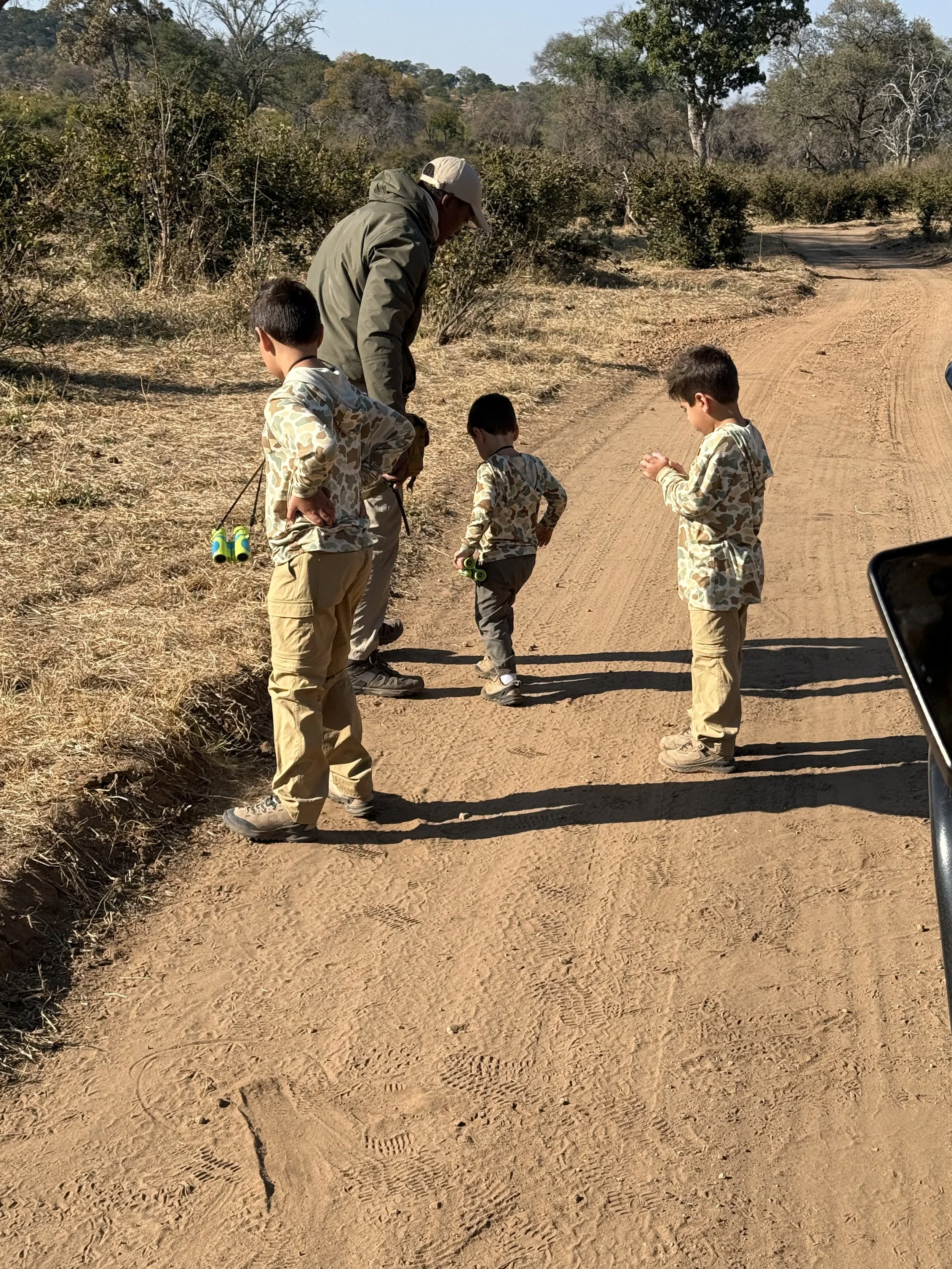 Safari guide showing three young brothers animal tracks in the sand on a bush walk