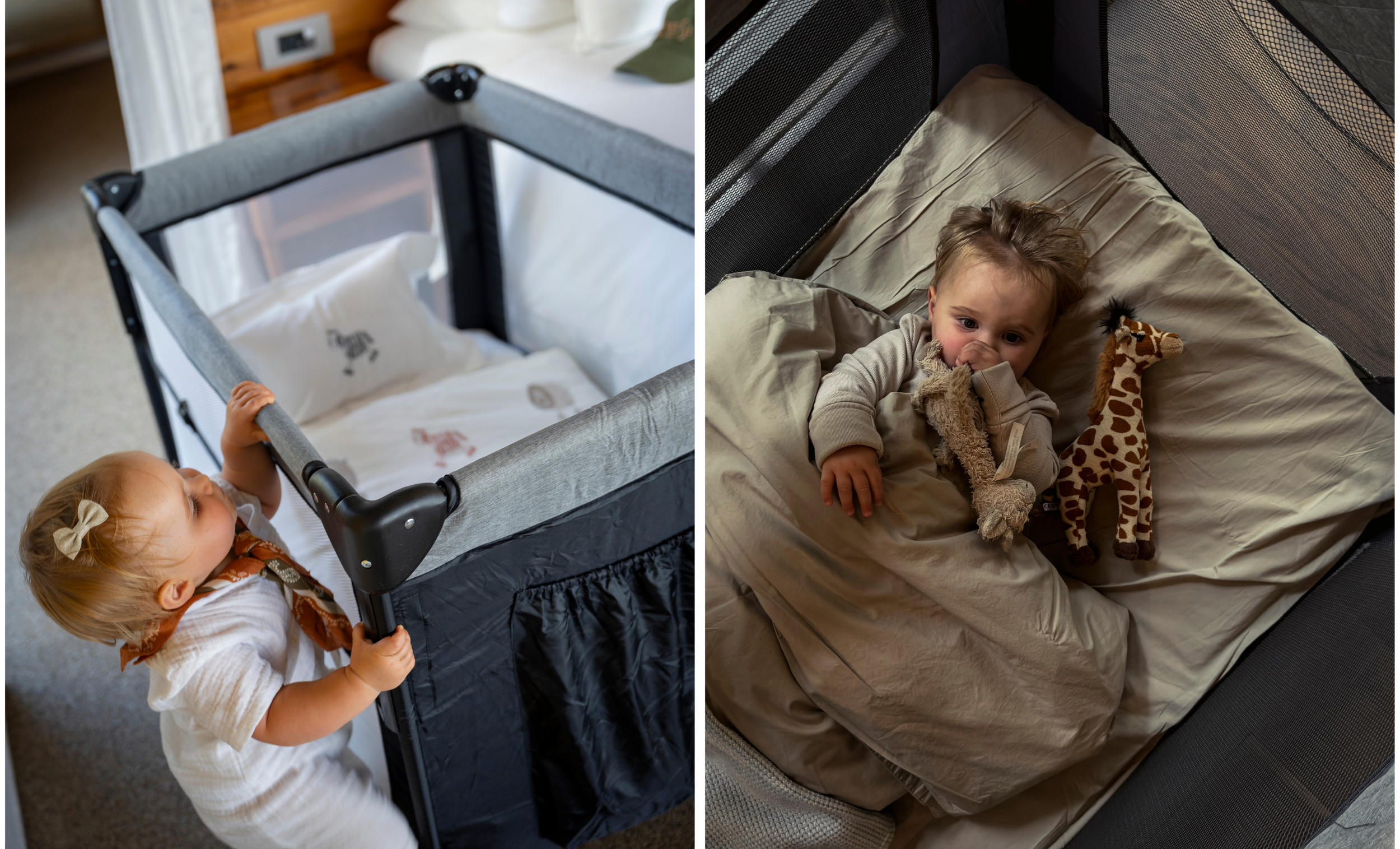 toddler standing at a lodge-supplied travel cot made up with fresh linen, and lying in the same cot with her comforter