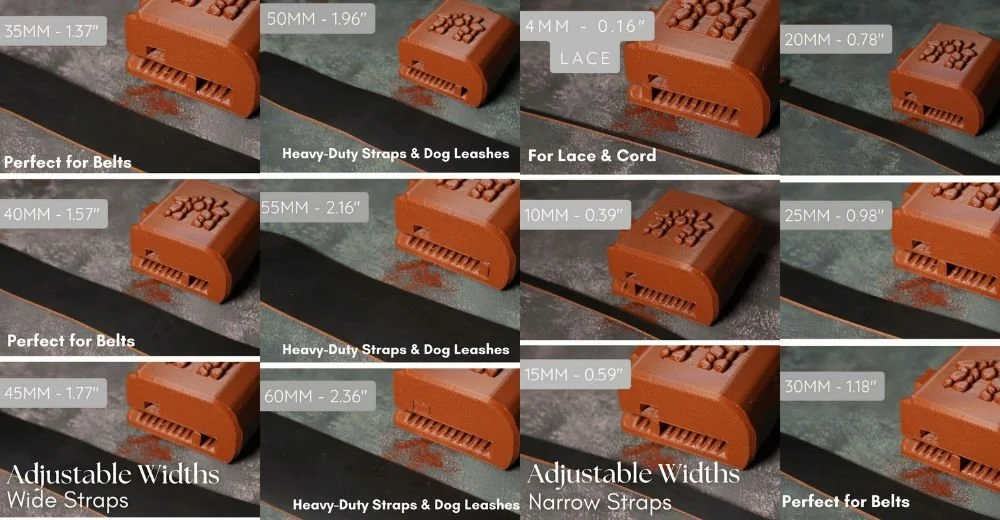 Collection of orange plastic strap adjusters with adjustable width options, labeled with measurements in millimeters and inches, intended for belts, heavy-duty straps, dog leashes, and lace or cord.