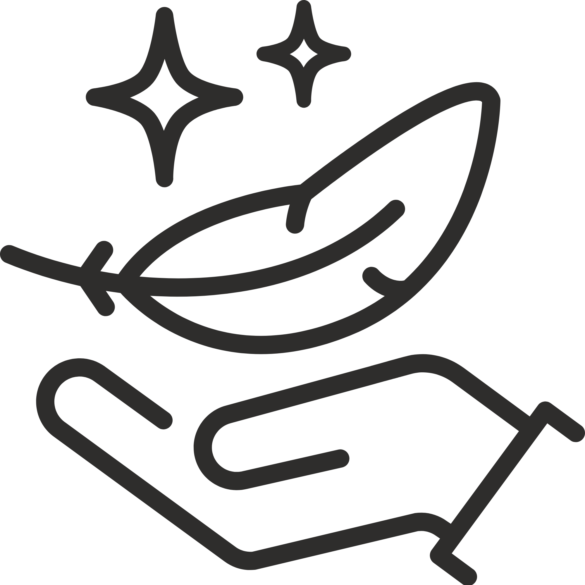A hand holding a pen, writing in a notebook with star illustrations above.