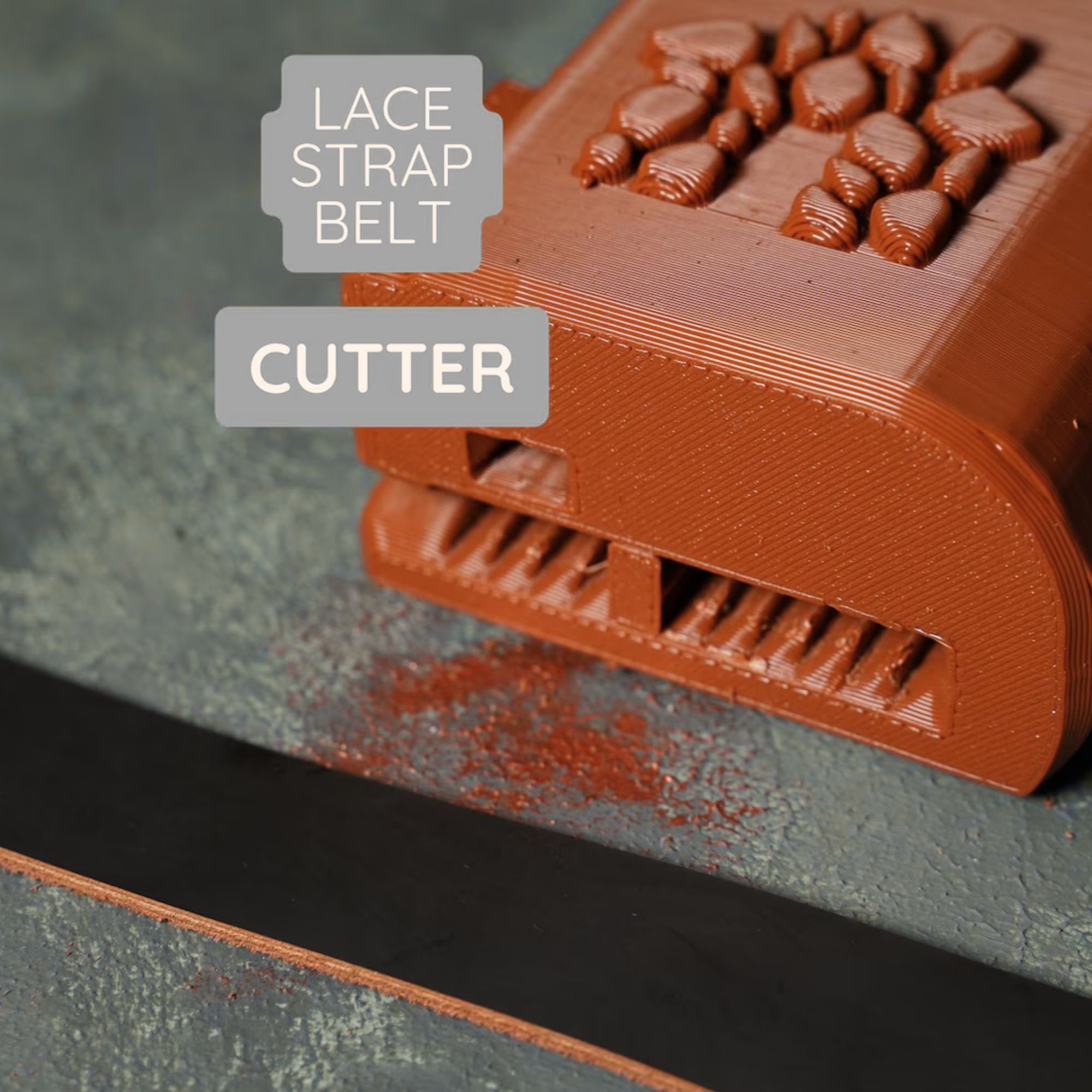 Close-up of a brown leather cutter with wire coils inside, labeled with text indicating it is a lace strap belt cutter, placed on a textured surface.