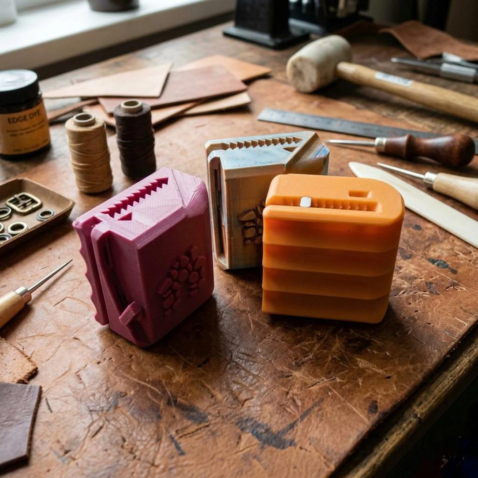 leather strap cutting tools on the workshop table