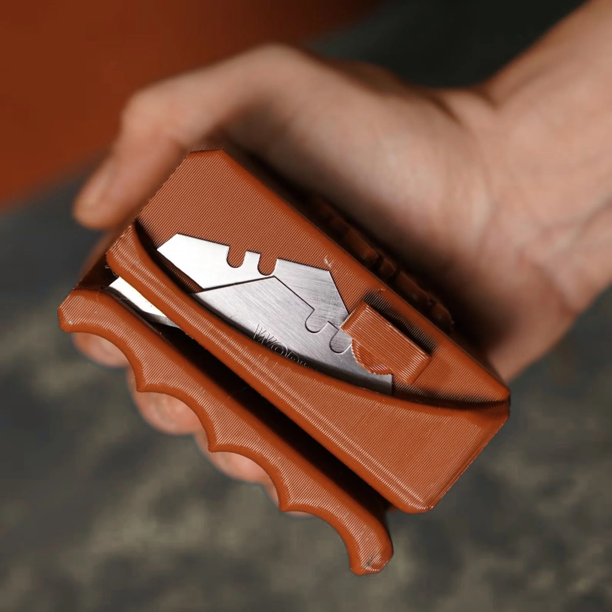 Close-up of a person's hand holding an orange folding pocket knife with a partially serrated blade