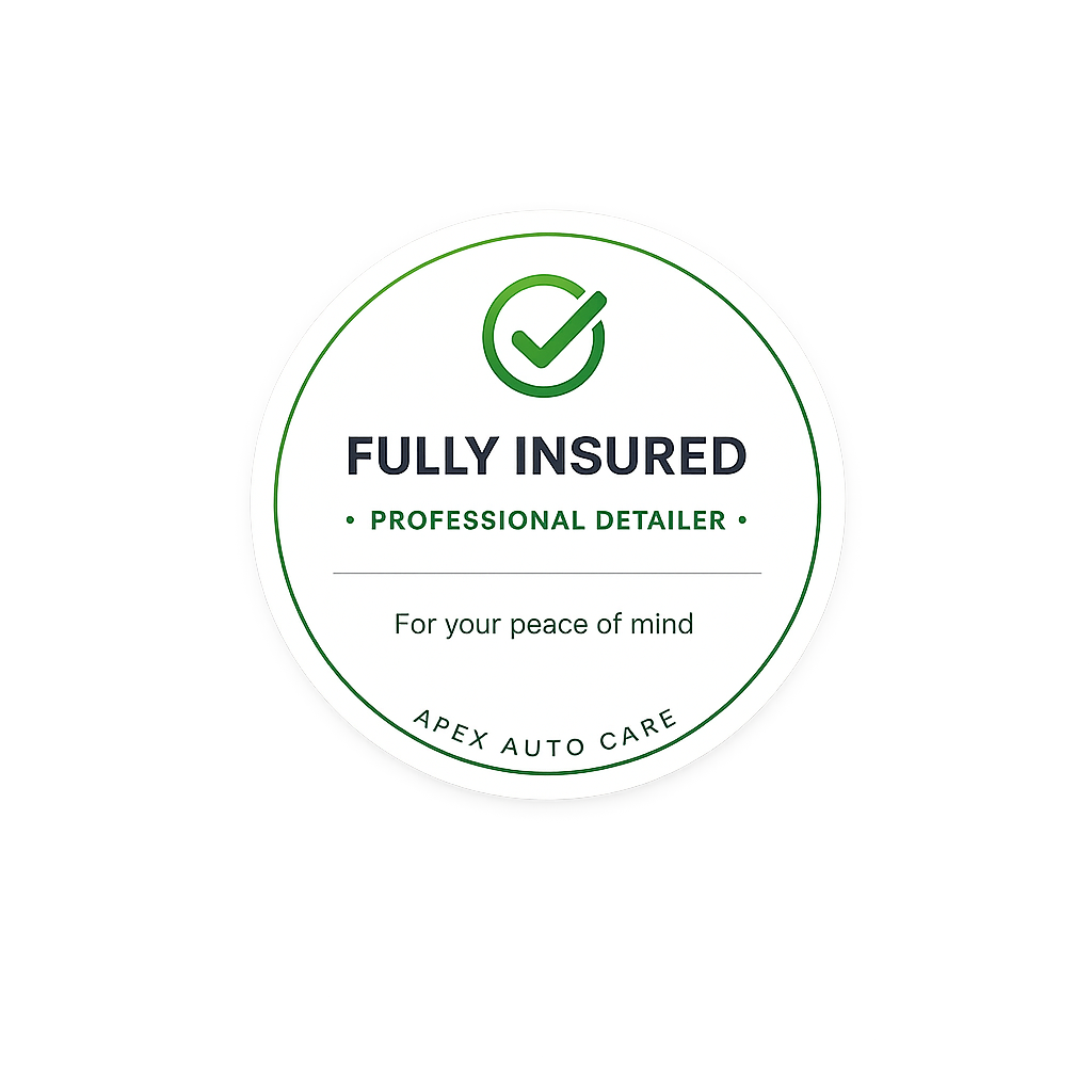 A circular badge indicating full insurance coverage from Apex Auto Care, a professional detailer, with a green checkmark and the message for peace of mind.