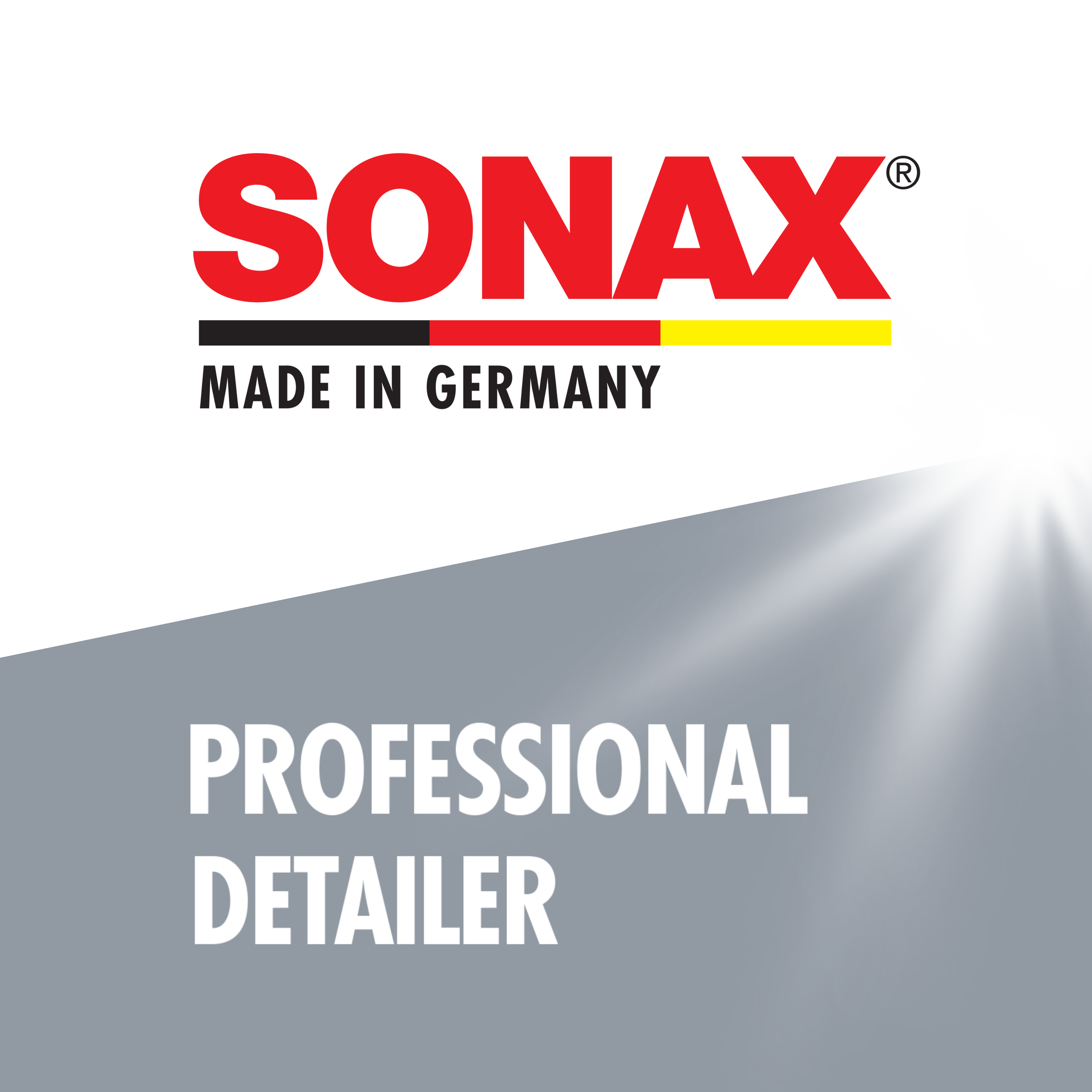 Sonax professional auto detailing product label with bold red, black, yellow, and gray design, indicating it's made in Germany and meant for professional use.