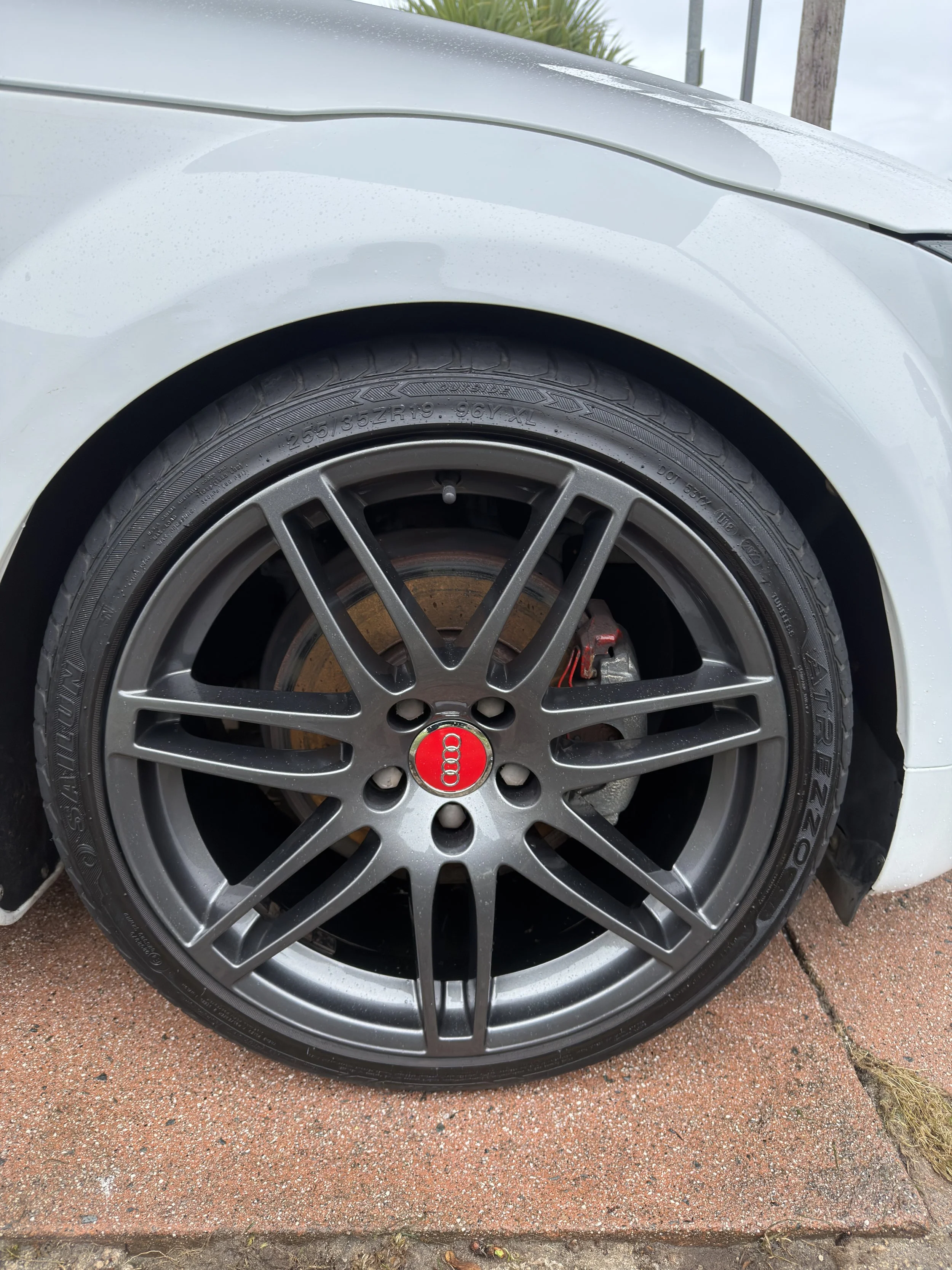 Close-up of a car wheel on a white vehicle, featuring a gray alloy rim with an Audi logo at the center, a brake caliper, and a tire with visible tread pattern.