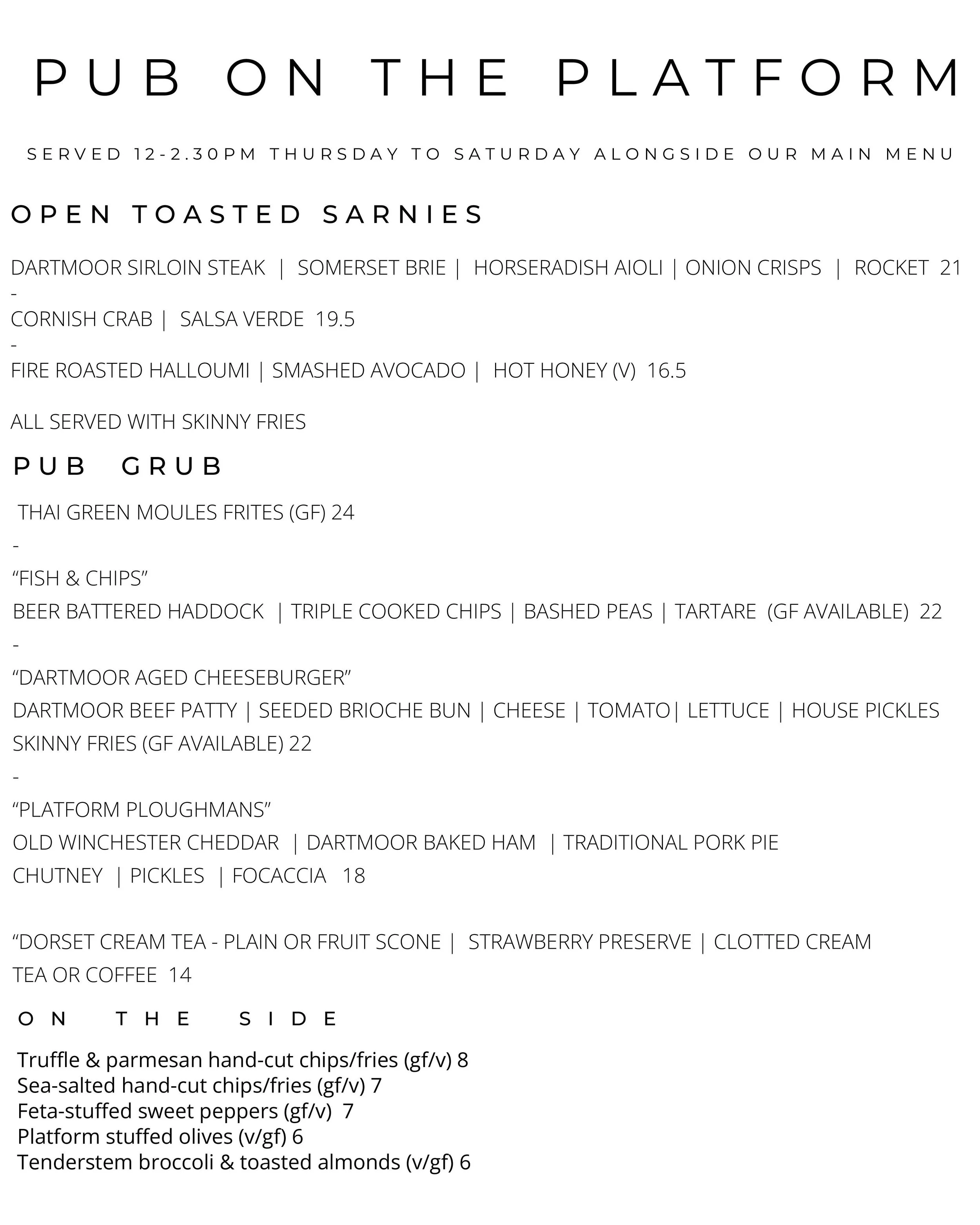 Platform Pub Lunch Menu 2026