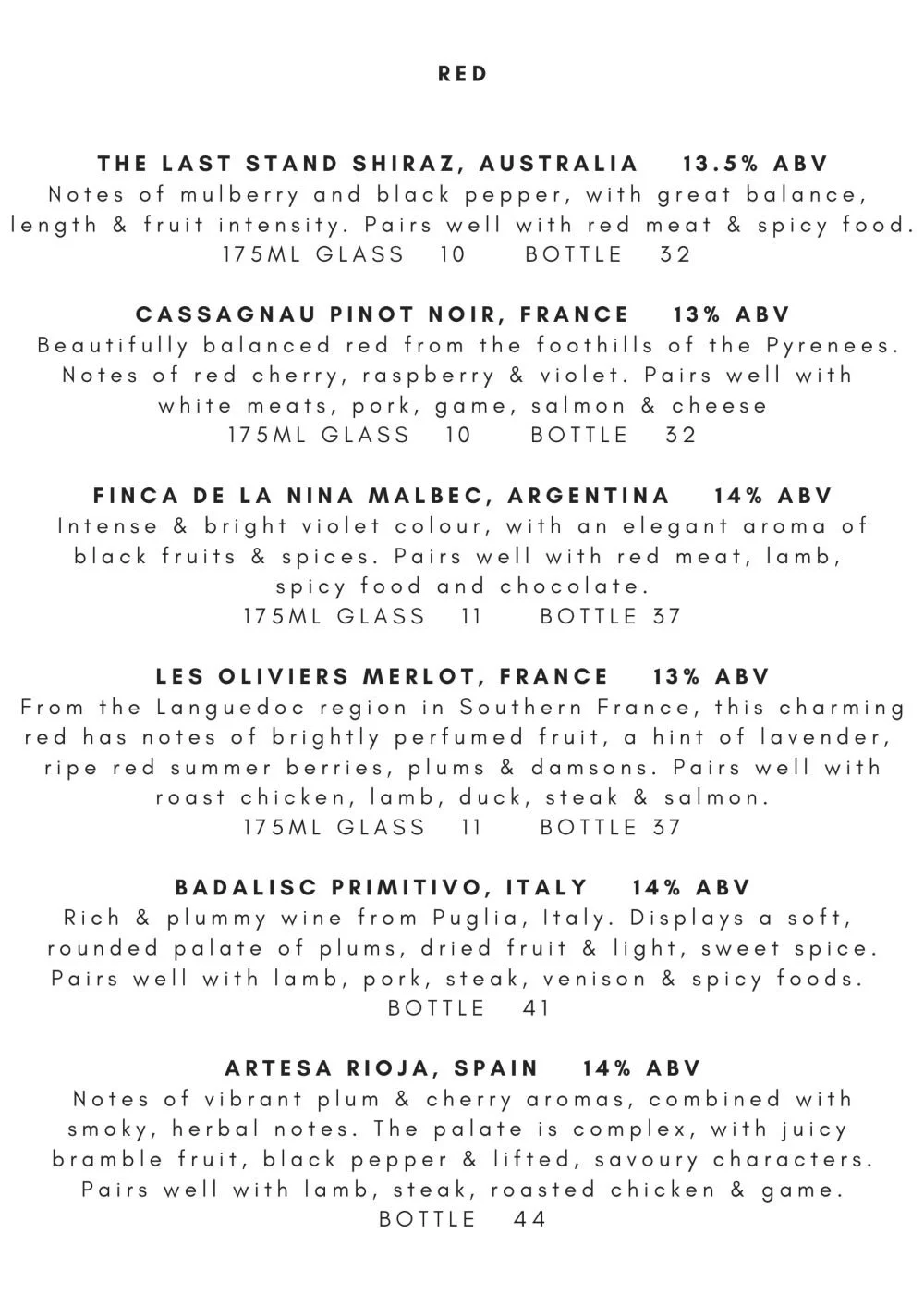 Red Wine List