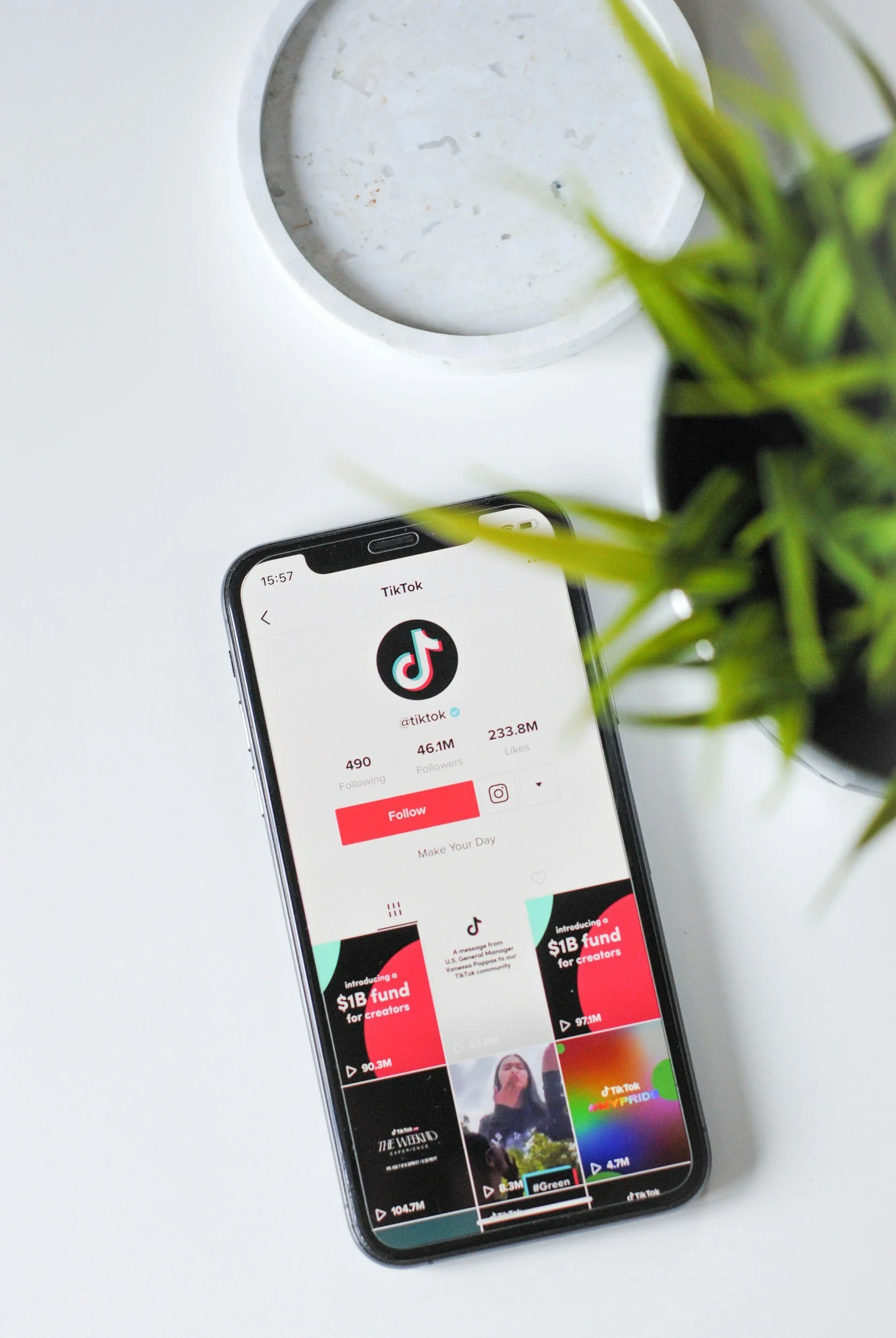 Smartphone displaying TikTok profile on a white desk with a plant in the foreground and a coffee coaster above.