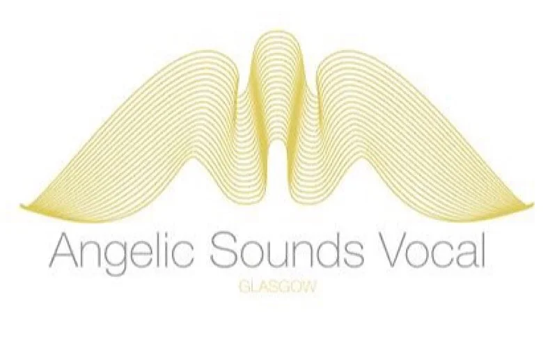 Logo for Angelic Sounds Vocal, featuring a symmetrical yellow sound wave design with the text 'Angelic Sounds Vocal' and 'Glasgow' underneath.