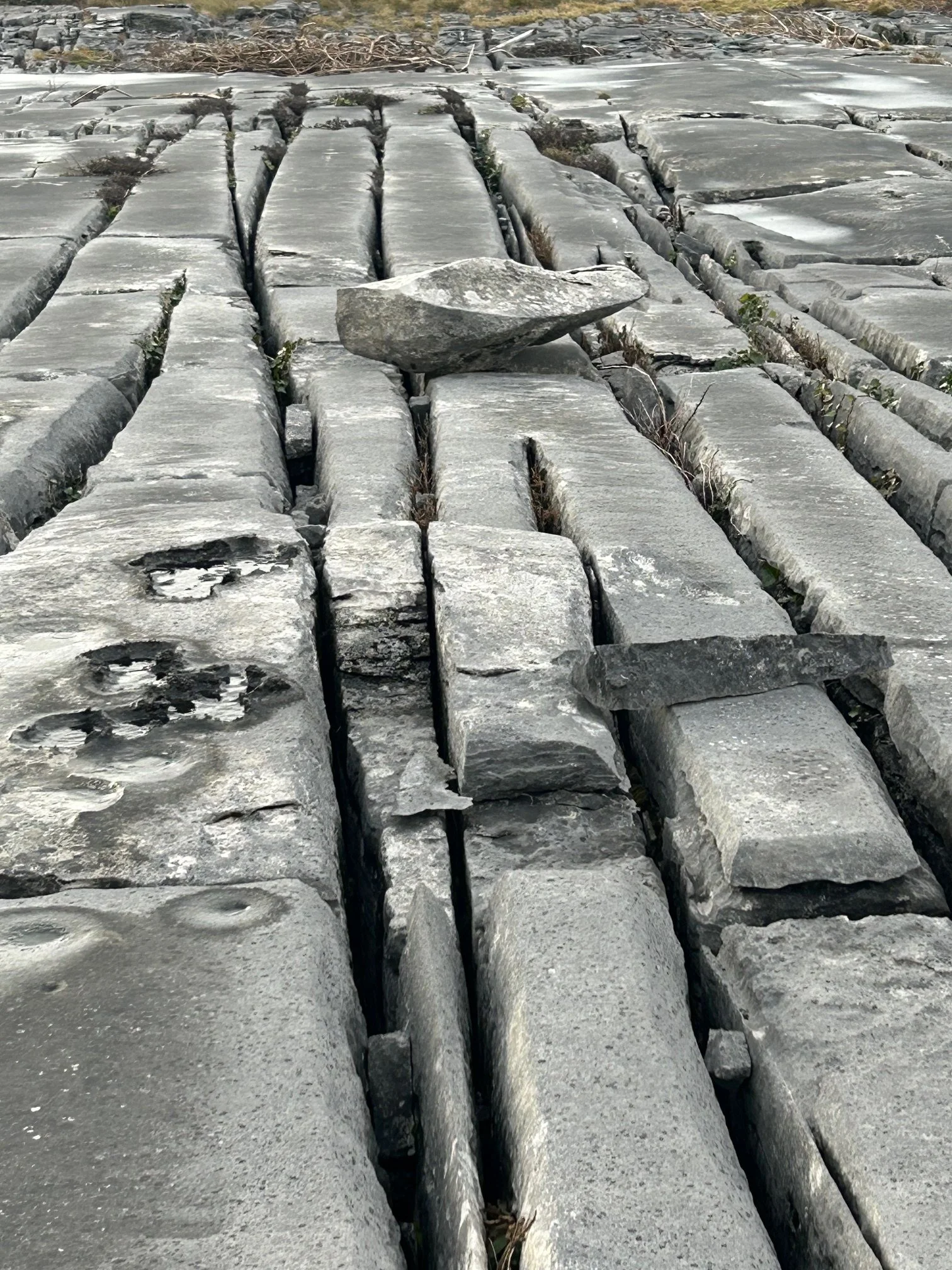 Large, uneven gray stone slabs with cracks and weathering, some displaced, forming a rough pathway or surface.
