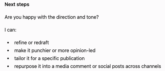 PromptlyPR GPT user interface discussing next steps, including evaluating happiness with direction and tone, and possible actions like refining content, making it more opinion-led, tailoring for publication, or repurposing for social media.
