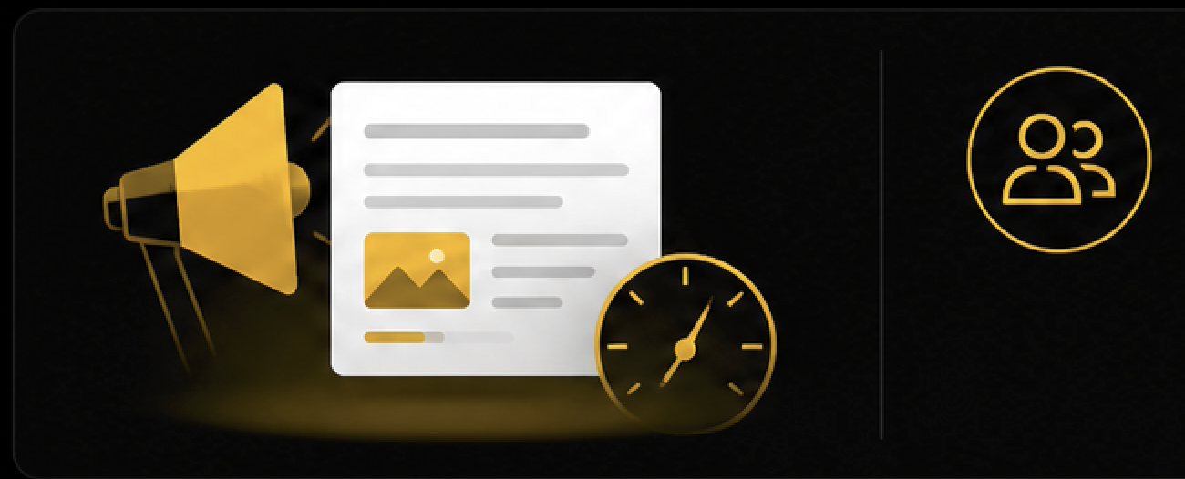 Digital graphic of a marketing or social media concept with a megaphone, a document with a picture and text, a clock, and a user icon, all in yellow on a black background.