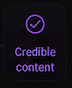 A purple check mark inside a circle with the words 'Credible content' below, on a dark background.