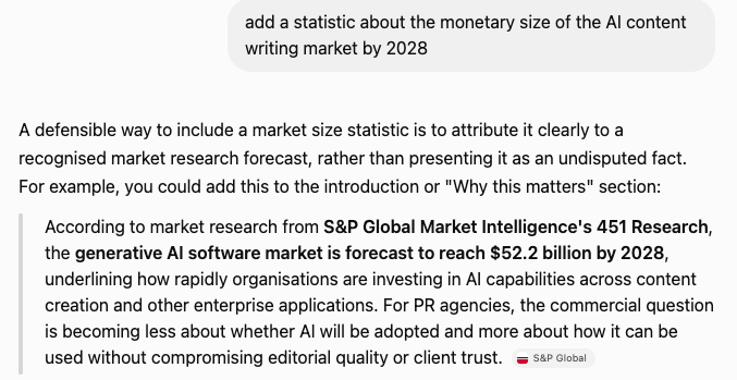 A screenshot of a text discussion about market research and the AI software market forecast, including a quote from S&P Global Market Intelligence's 451 Research about the market reaching $52.2 billion by 2028.